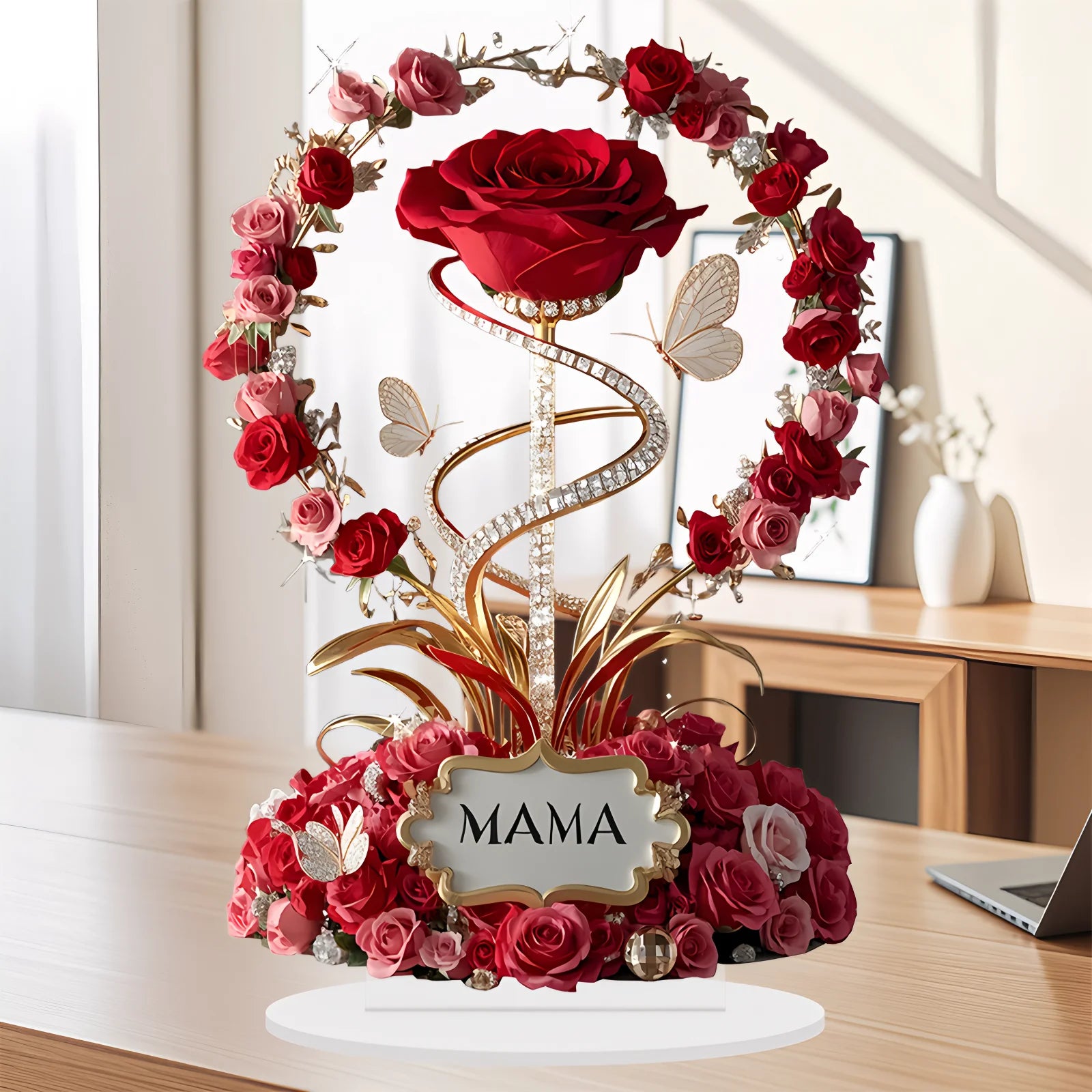 Decorative flower arrangement with a 'MAMA' sign on a table.